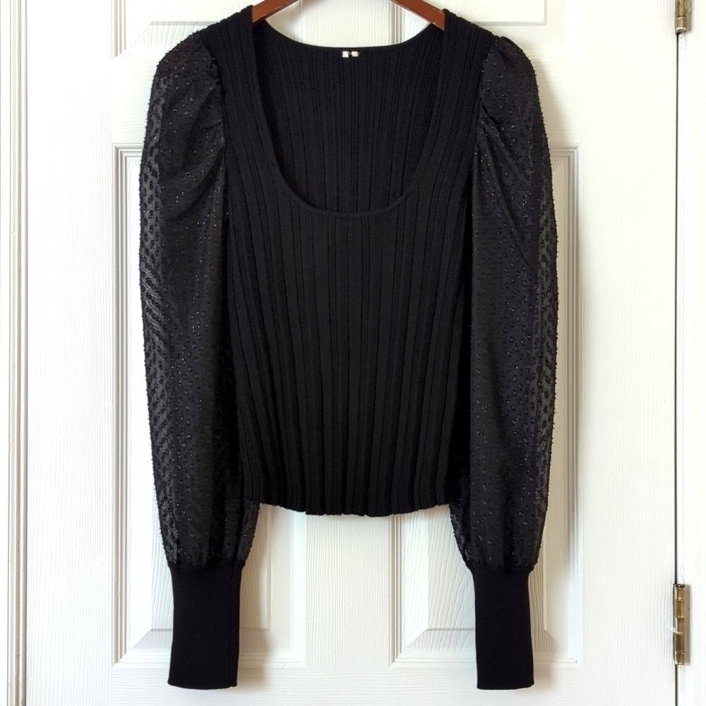 Anthropologie Ribbed Knit Scoop Neck Sheer Shimmer Puff Sleeve Sweater Black S